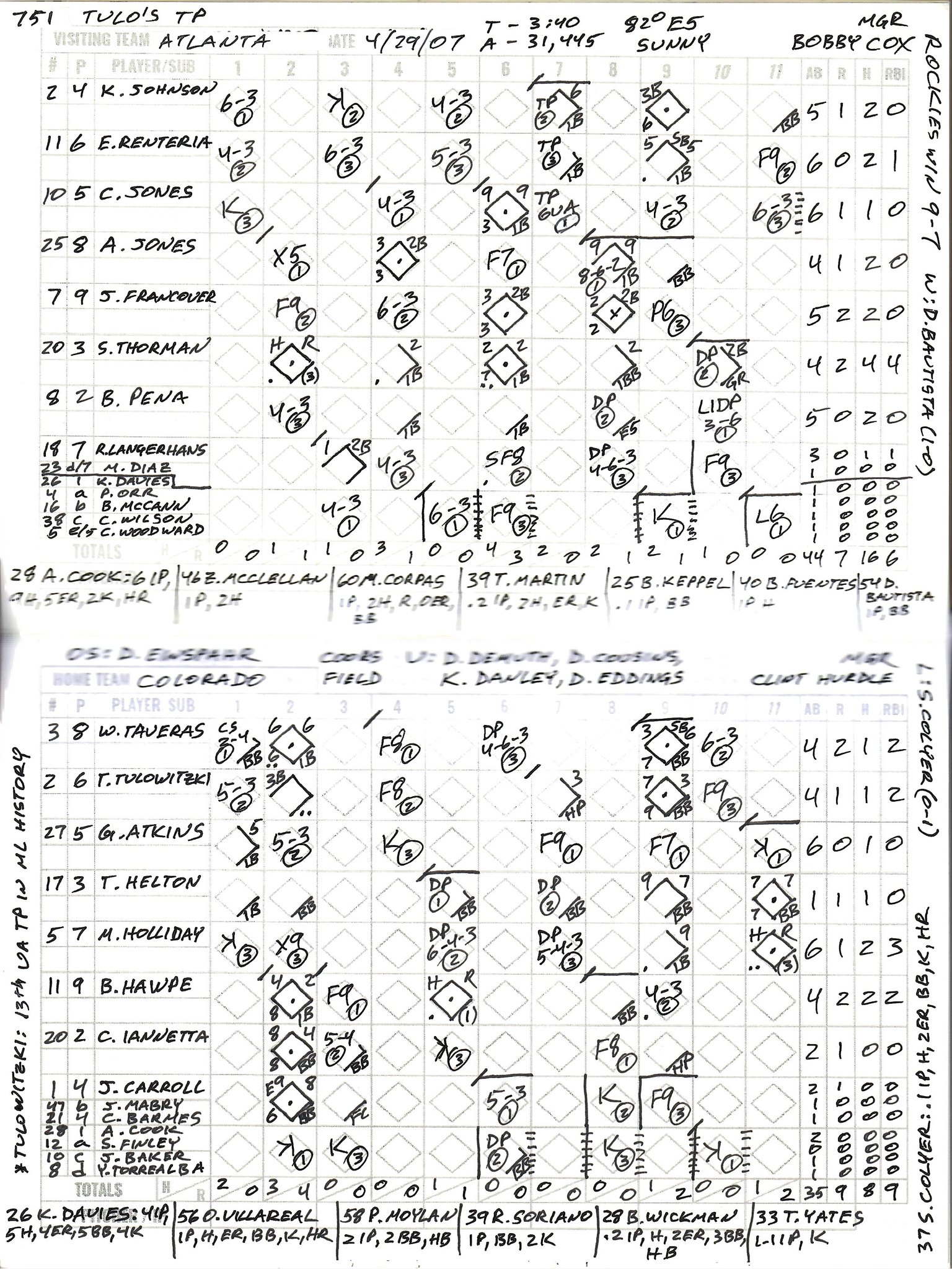 Hand-scored card from ATL at COL on April 29, 2007, capturing Troy Tulowitzki’s unassisted triple play — one of the rarest plays in baseball history