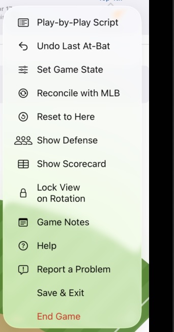 Action menu showing Undo Last At-Bat and other game management options