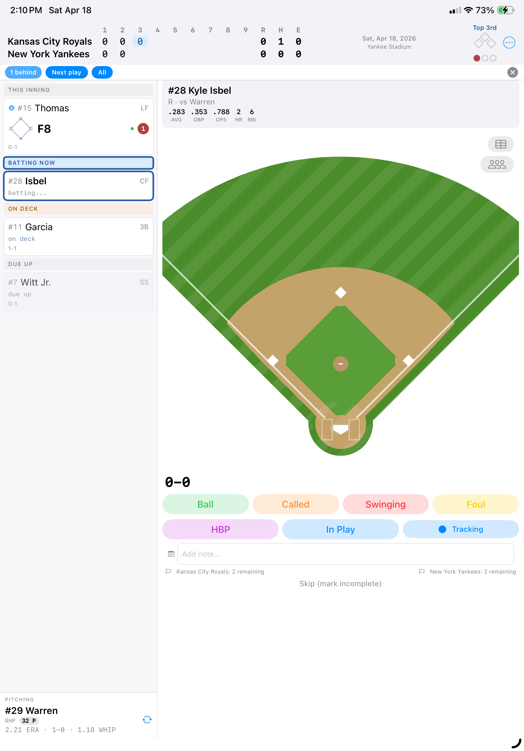 Scoring view showing auto-filled at-bat with blue arrow indicator