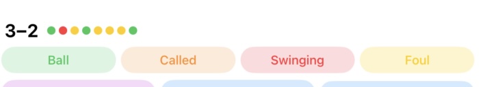 Active at-bat showing the ball-strike count, pitch dots, and color-coded pitch buttons