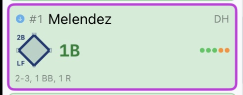 Full-color diamond in the inning summary card showing a single with base paths to 2B and LF