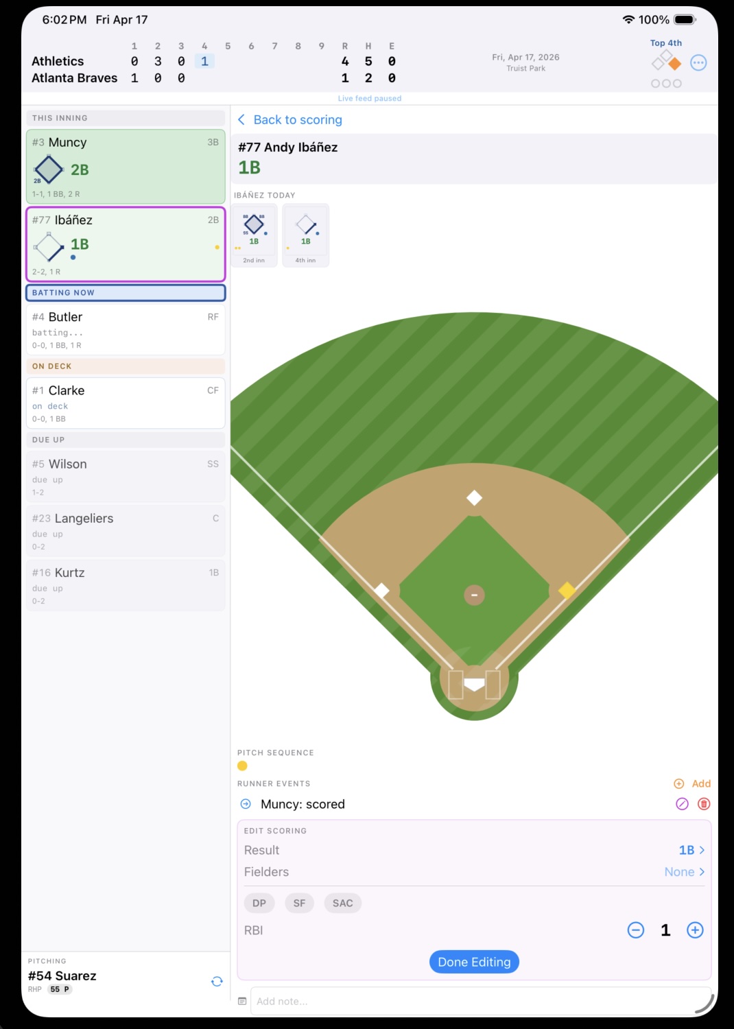 Edit scoring panel showing result, fielders, and RBI controls