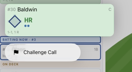 Inning-summary long-press menu with &ldquo;Challenge Call&rdquo; option