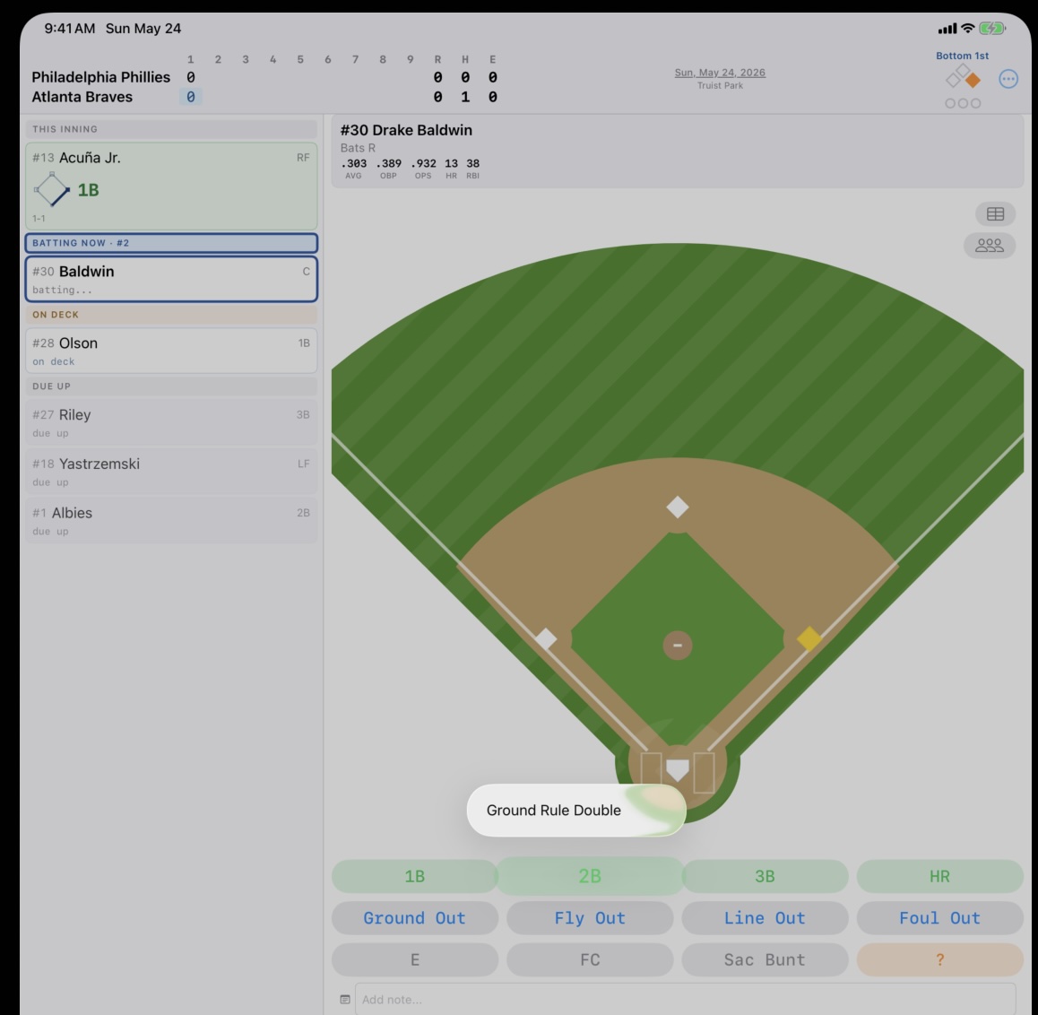 Re-scoring the reverted at-bat as a double via the normal scoring flow