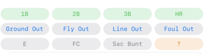 Outcome button grid with K (swinging) and other result options