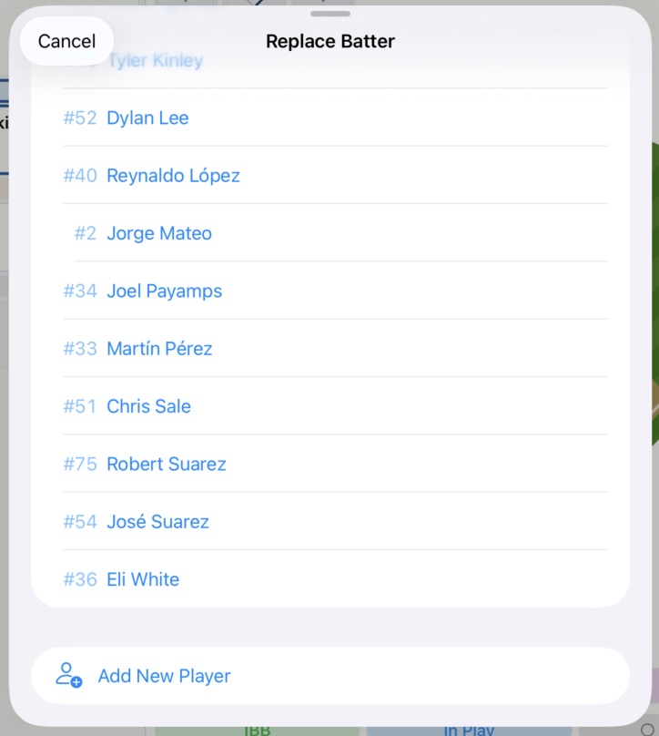 Pinch hitter dialog — select the replacement and reason