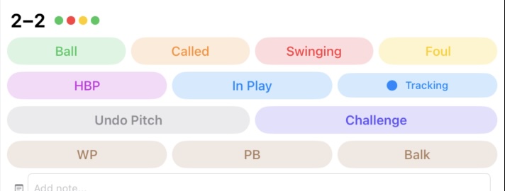 Pitch input buttons — Ball, Called, Swinging, Foul, HBP, In Play, plus WP/PB/Balk