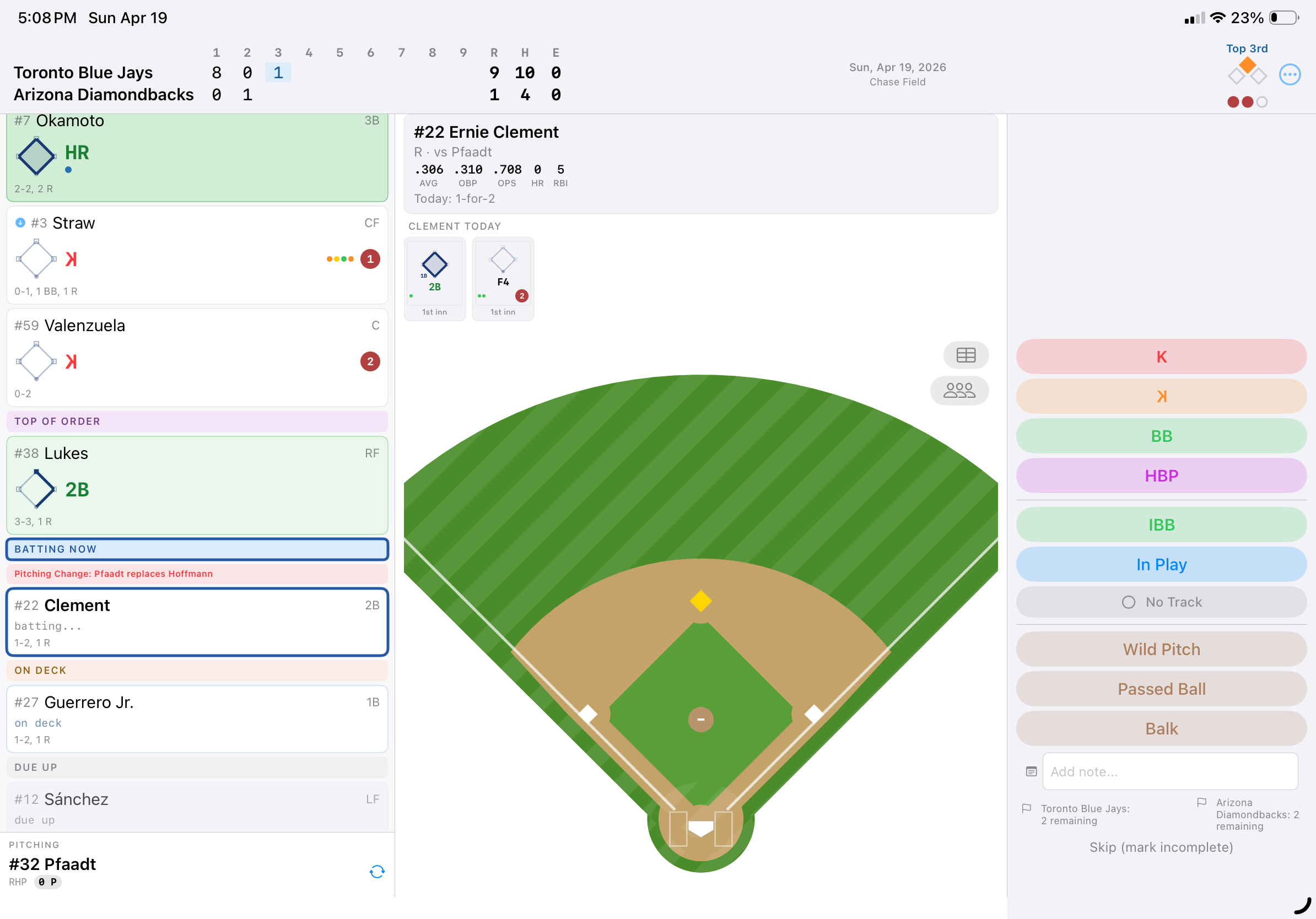 Scoring view showing pitching change banner “Pitching Change: Pfaadt replaces Hoffmann” in the inning summary