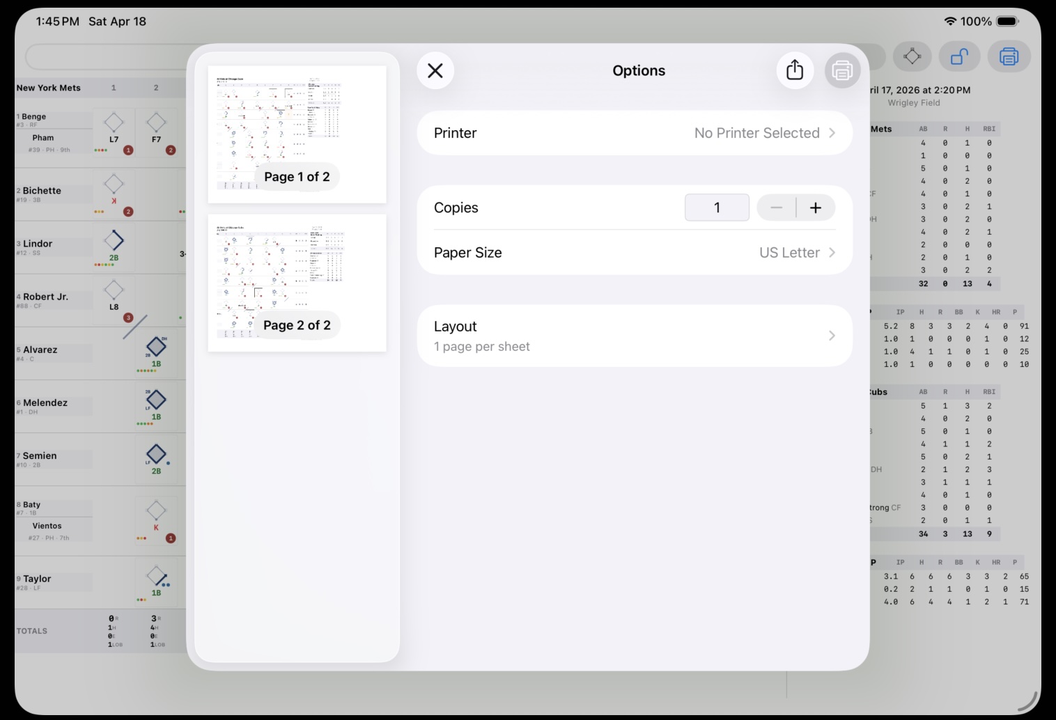 Print preview showing two landscape pages with scorecard grid, pitcher line, and box score