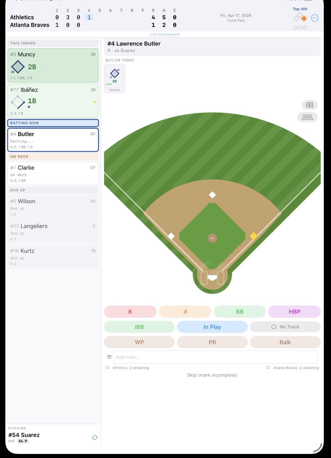 BaseballScorer’s main scoring view during a live at-bat